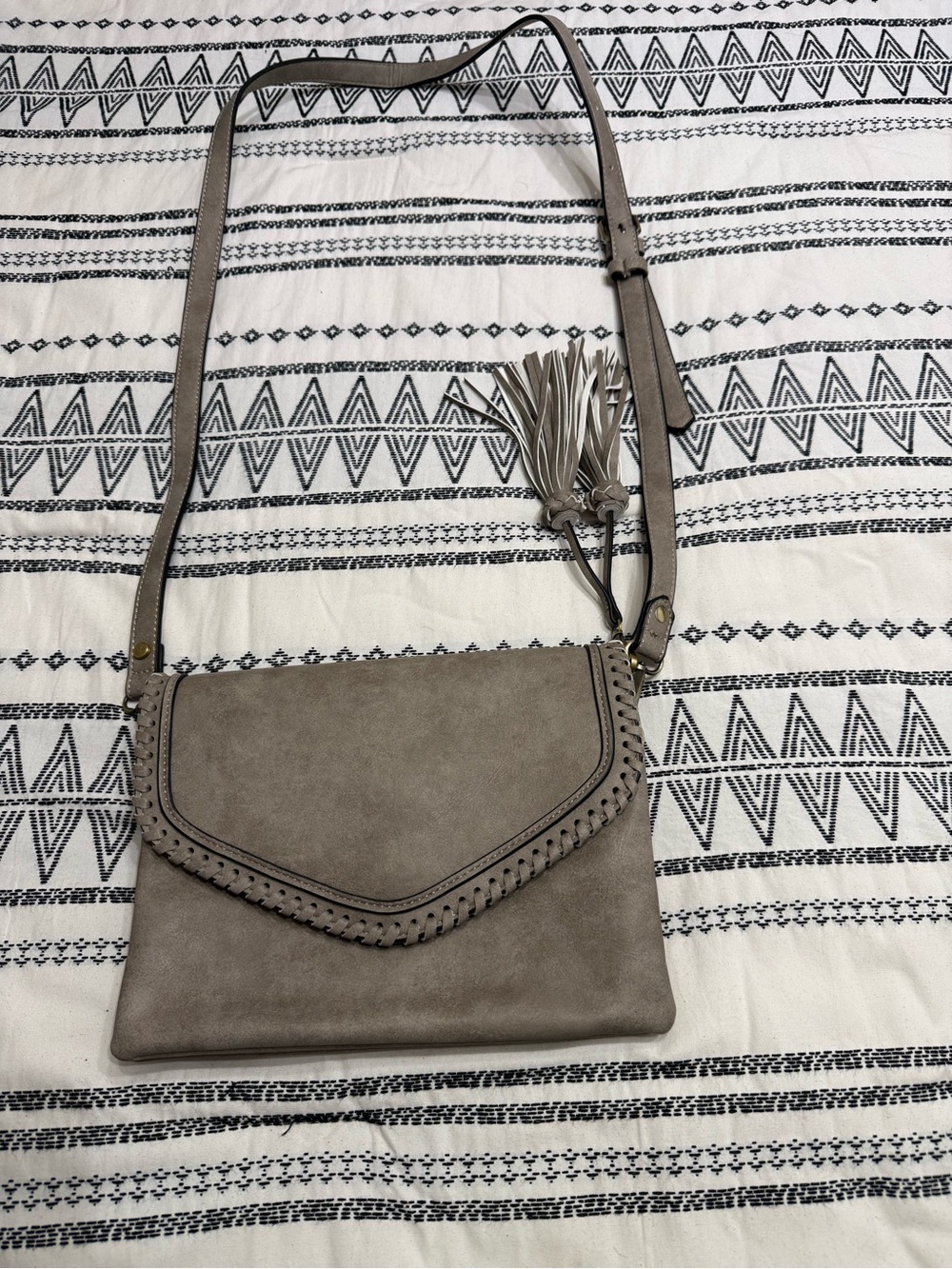 Taupe Suede-Style Women’s Crossbody Bag with Tassel Accent
